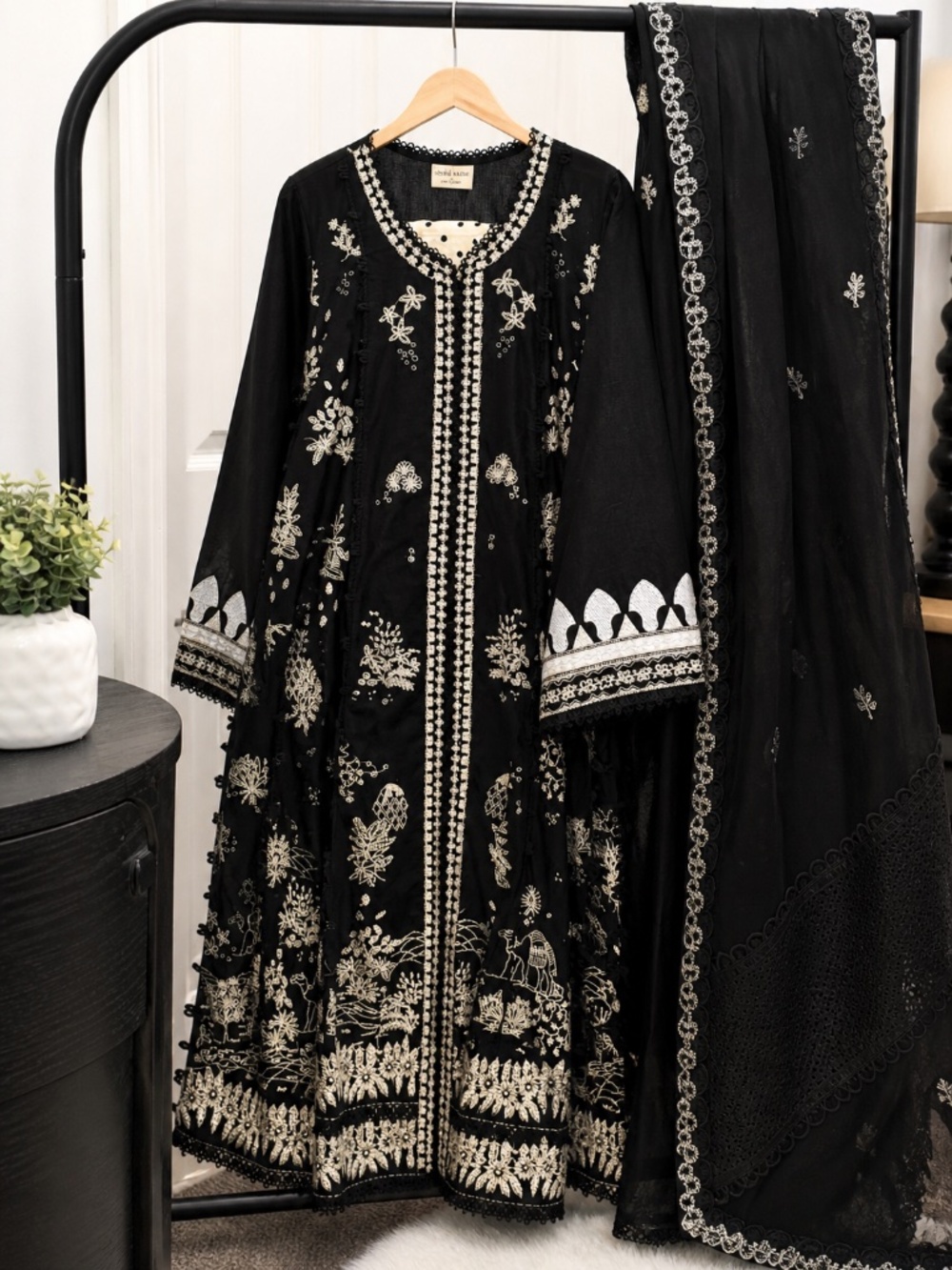 Saad Bin Shahzad Black Embroidered Suit with Polka Dot Trouser